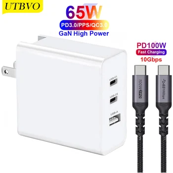 

UTBVO 65W 3-Port Wall Charger, GaN Tech C+C+U Quick Charger High Power Fast Charger for iPhone 12 11 Pro Max SE, Macbook Pro