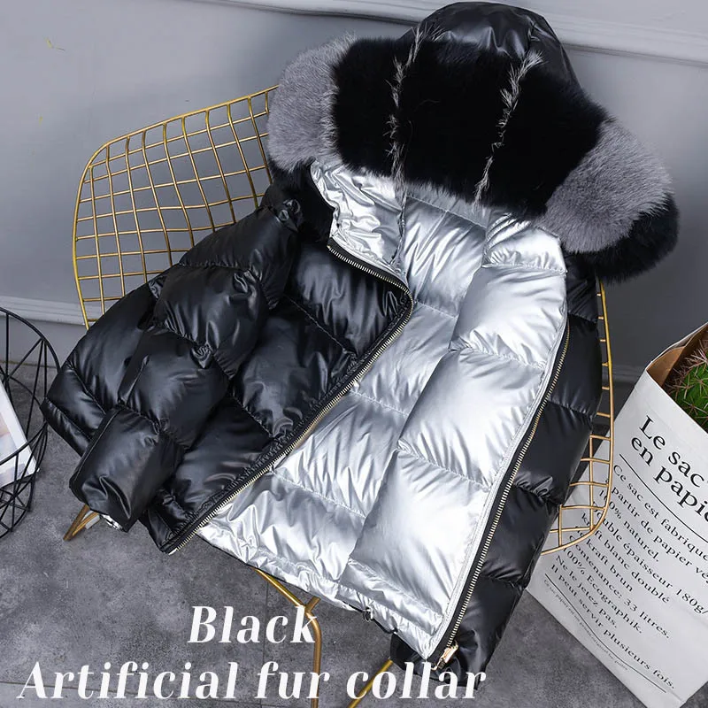 Зимний женский пуховик с натуральным или искусственным лисьим мехом, свободный короткий пуховик, Толстая теплая парка# ZM806 - Цвет: Black Artificial