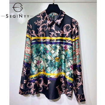 

SEQINYY Silk Satin Shirt 2020 Summer Spring New Fashion Design Vintage Flowers Print Loose Female Top