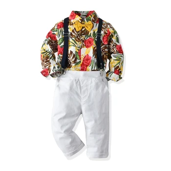 

Top and Top Toddler Baby Clothing Hawaiian Style Outfits Bow Tie Long Sleeve Floral Shirt+Pants Set Newborn Boys Design Clothes