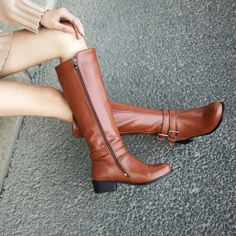 FITWEE Size 33-46 Pu Leather Knee High Boots Chunky Heels Buckle Zipper Long Boots Retro Winter Warm Shoes Woman Footwear