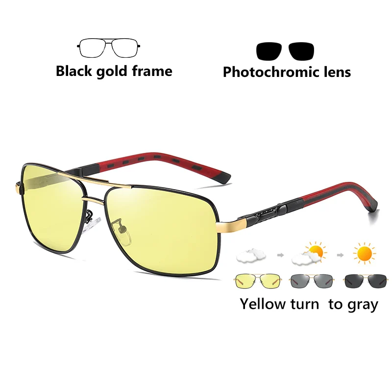 Black gold-yellow Квадратные мужские солнцезащитные очки, фотохромные, поляризационные, солнцезащитные очки для женщин, для улицы, для вождения, хамелеон, линзы для дня, ночного видения, очки - Цвет линз: Black gold-yellow