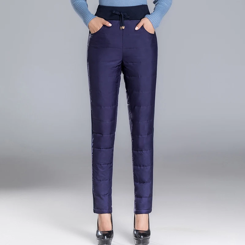 

Women White duck down pants 2019 winter new fashion warm high waist trousers solid big size loose casual style pants