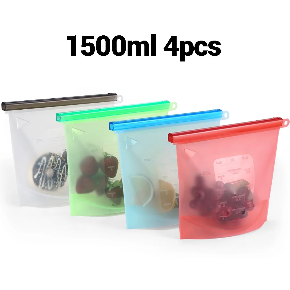 4pcs 1500ml 4Color Герметичный силиконовый мешок для хранения многоразовая силиконовая пищевая пакеты для продуктов питания уплотнение Ziplock морозильник приготовления свежих мешков дропшиппинг - Цвет: 4pcs 1500ml 4Color