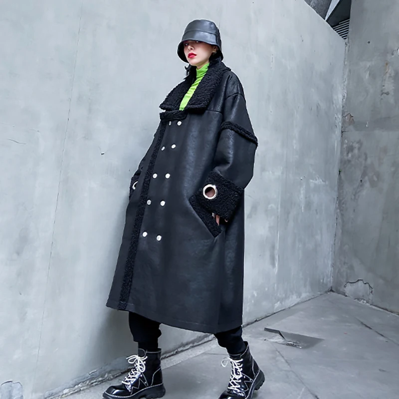 [EAM] свободное Черное длинное утепленное шерстяное пальто большого размера, парки, новинка, длинный рукав, женская мода, Осень-зима 19A-a710