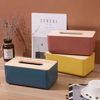 

Household Plastic Tissue Holder Rectangular Tissue Box With Wooden Cover Home Facial Tissue Cases Decoration Tissue Box