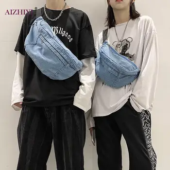 

Unisex Denim Waist Bag Women Men Zipper Fanny Large Capacity Pack Phone Bum Purse Street Style Chest Pouch