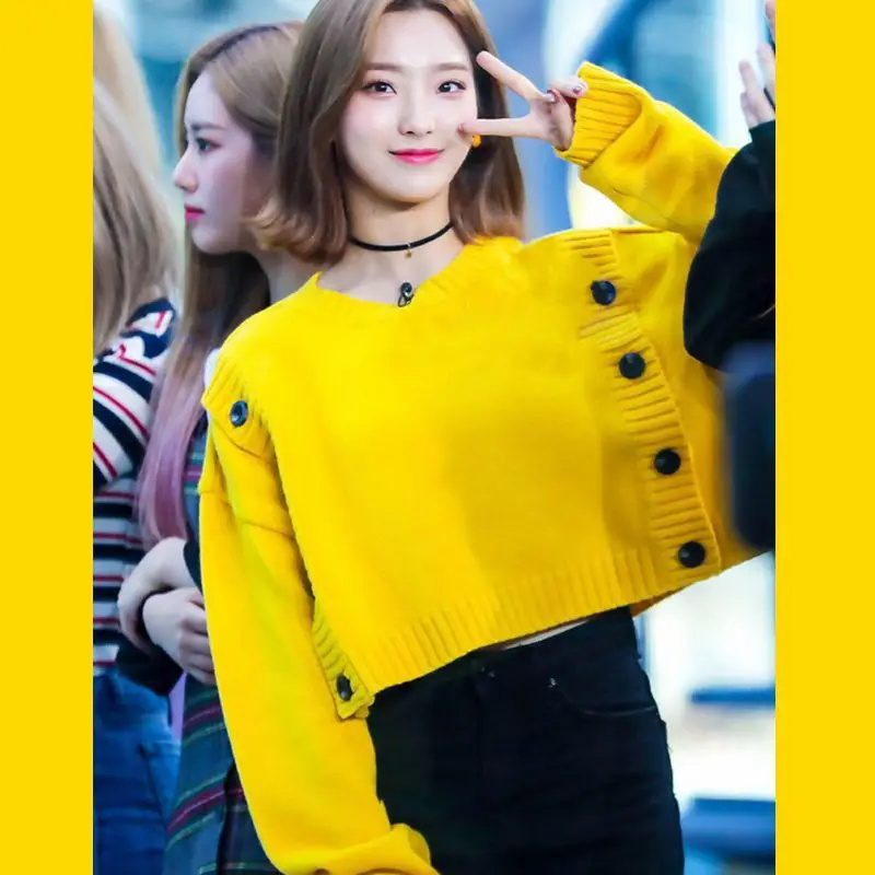 Kpop Blackpink ROSE same осенние новые желтые двубортные вязаные толстовки женские корейские милые свитшоты женская одежда