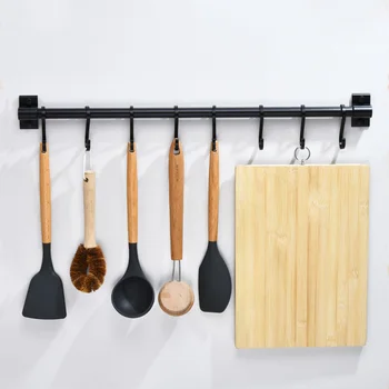 Black Kitchen Hook Rack Wall Mounted Pantry Tool Holder Kitchen Shelf Aluminum Pantry Bar for Kitchenware Utensil Storage Rack 1