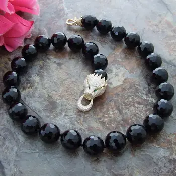 

18MM Round Faceted Onyx Necklace CZ Clasp 18" AAAAAAAA Free shipping