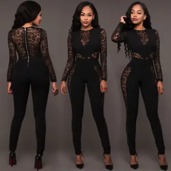 

Fashion Women Lace Hot Sexy Zipper High Waist New Backless Long Sleeve Playsuit Bodycon Slim Jumpsuit Long Romper