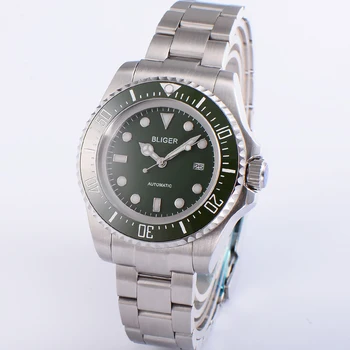 

BLIGER 44MM Mens Time Green Dial ceramics bezel date Automatic Movement mechanical watches SS waterproof Luminous male Watch