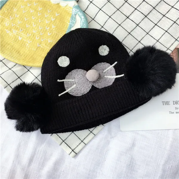 Детские шапочки Skullies Beanies для мальчиков и девочек, зимняя однотонная шапка с мультяшными ушками, теплые модные Эластичные аксессуары с помпоном - Цвет: 3