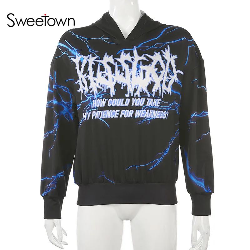 Sweetown Punk Gothic Lightning Print Hoodies Women Letter Print Sudadera Mujer Long Sleeve Cropped Hooded Sweatshirt Streetwear - Color: TOP