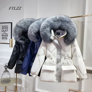 

FTLZZ Winter New Women Jacket Fox Fur Collar Hooded White Duck Down Parkas Tuck In The Waist Casual Short Oversized Snow Outwear
