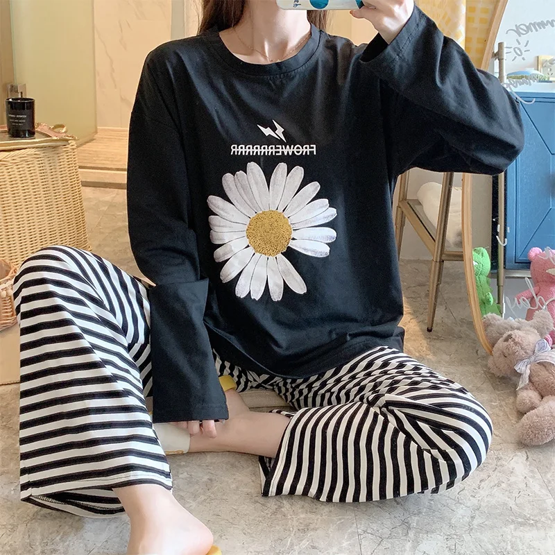 

Set Winter Female Cute Top And Long Loose Homewear Women Cotton Pajama Set Autumn Long Sleeve Sleepwear Pants Pyjamas Girl