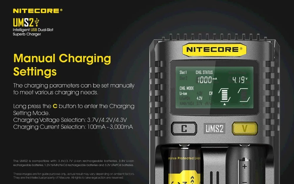 Оригинальное зарядное устройство NITECORE UMS2 UMS4 UM2 UM4 интеллигентая(ый) QC Зарядное устройство для 18650 16340 21700 20700 22650 26500 18350 AA AAA Батарея Зарядное устройство