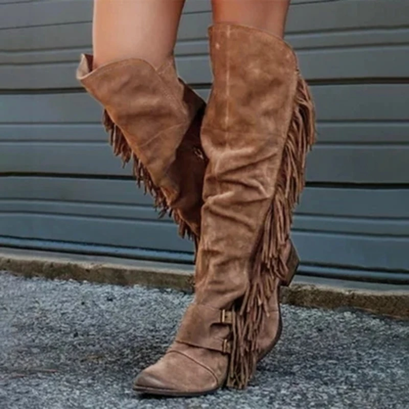 Puimentiua Women Shoes Fashion Tassel High Heels Knee High Boots Solid Flock Leather Slip-On Long Spring Autumn Boots