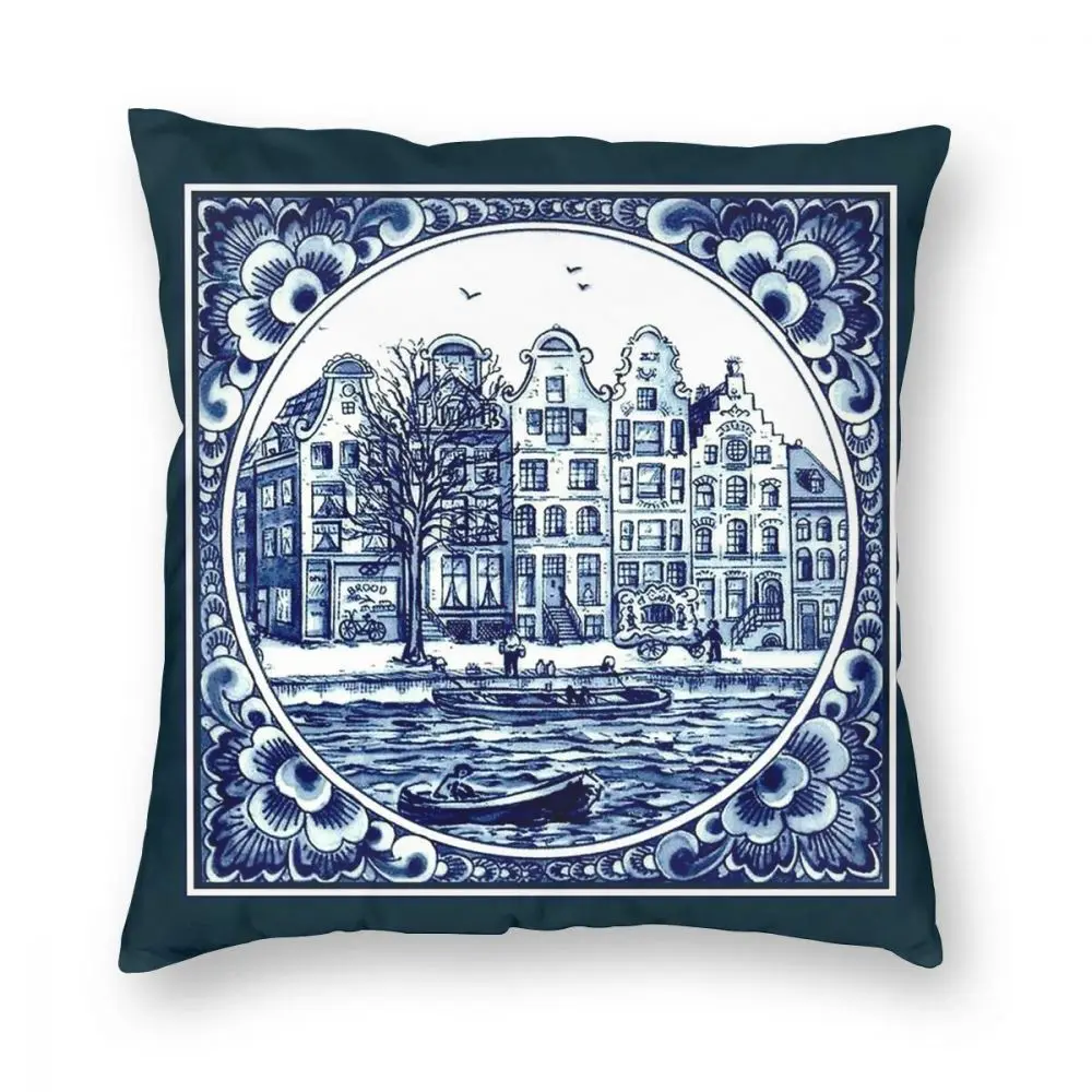 

Dutch Blue Delft Vintage Boats Print Throw Pillow Cover Polyester Cushions for Sofa Funny Cushion Covers