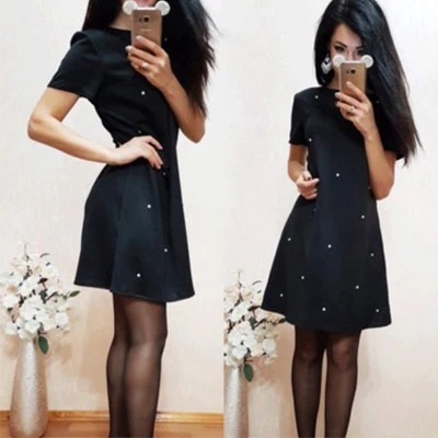 Black Однотонные Свободные мини-платья с круглым вырезом, Украшенные бусинами, женское повседневное короткое платье-рубашка, Женские Простые платья трапециевидной формы с высокой талией для девушек, летние - Цвет: Black