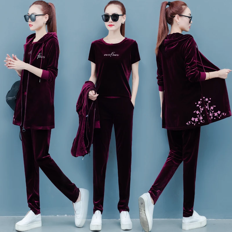 

Velvet tracksuit for women 2019 autumn female fashion large size jacket+t-shirt+pants suits women's velvet three-piece sets