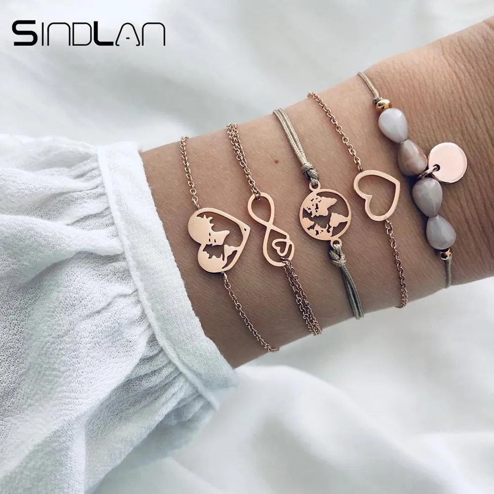 

Sindlan 5PCs Vintage Gold Infinity Hollow Heart Bracelet Set Boho Map Charm Beads Bracelets for Women Wrist Chain Bangle Jewelry