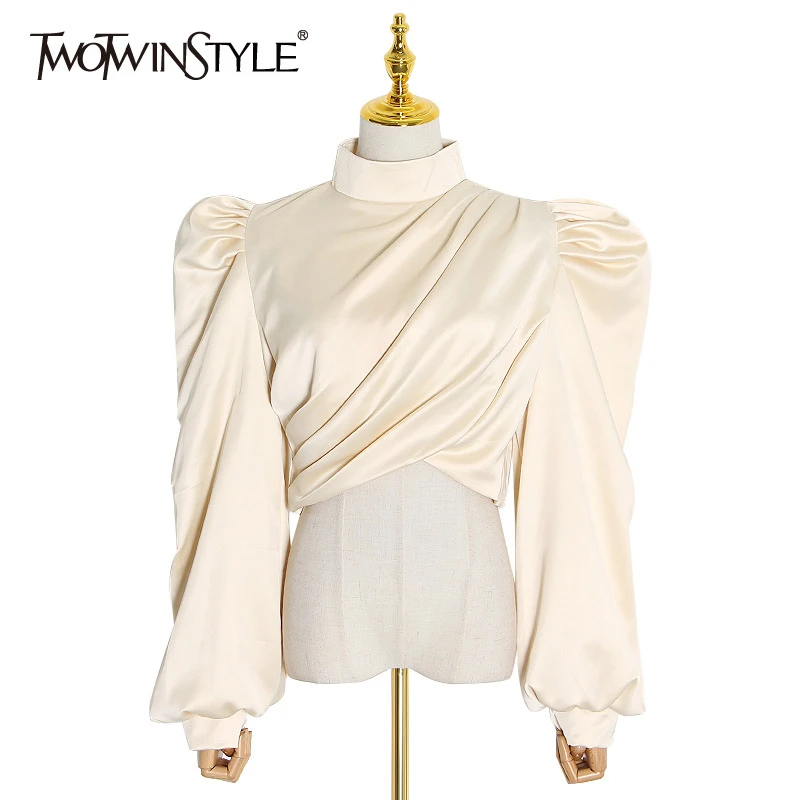 

TWOTWINSTYLE Sexy Asymmetrical Blouses Female Turtleneck Lantern Long Sleeve Short Ruched Shirts Women Fashion Clothing 2020 New