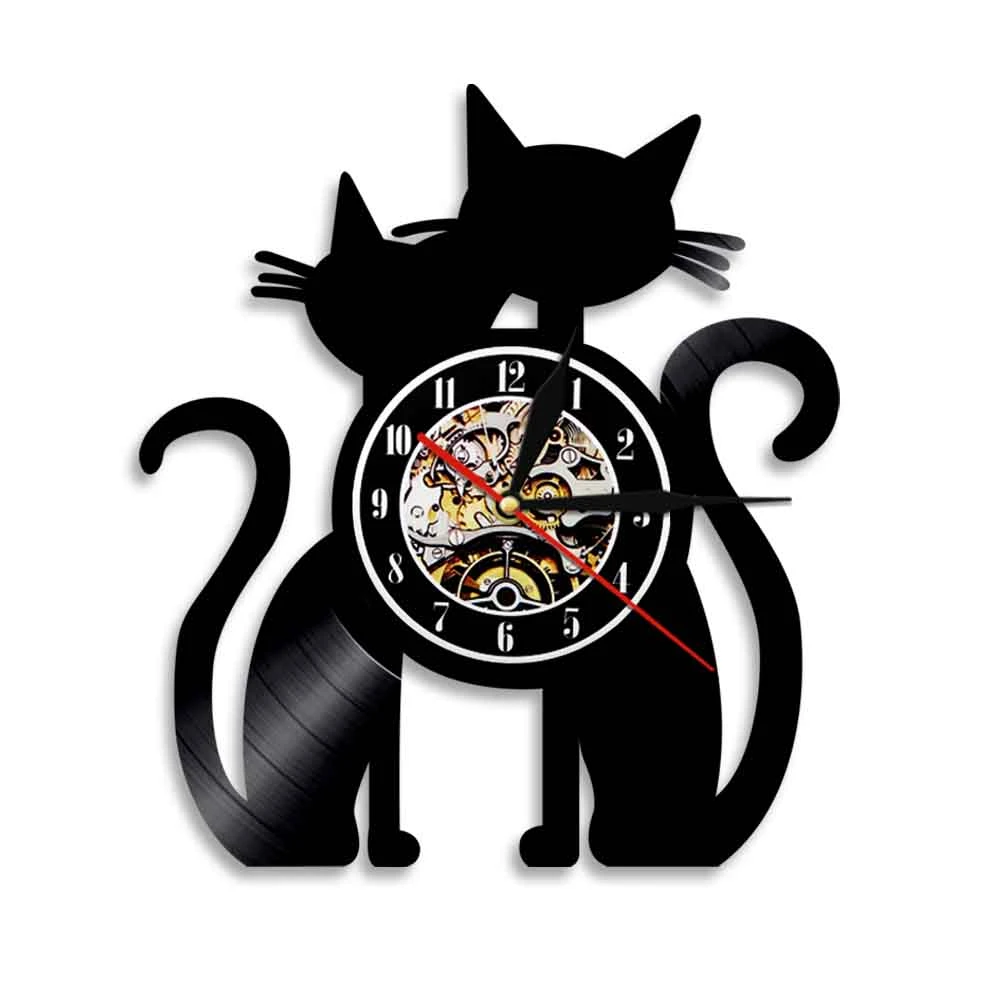 黒猫キティ時計ペット動物3D壁時計猫ビニール記録クロック現代の壁の 