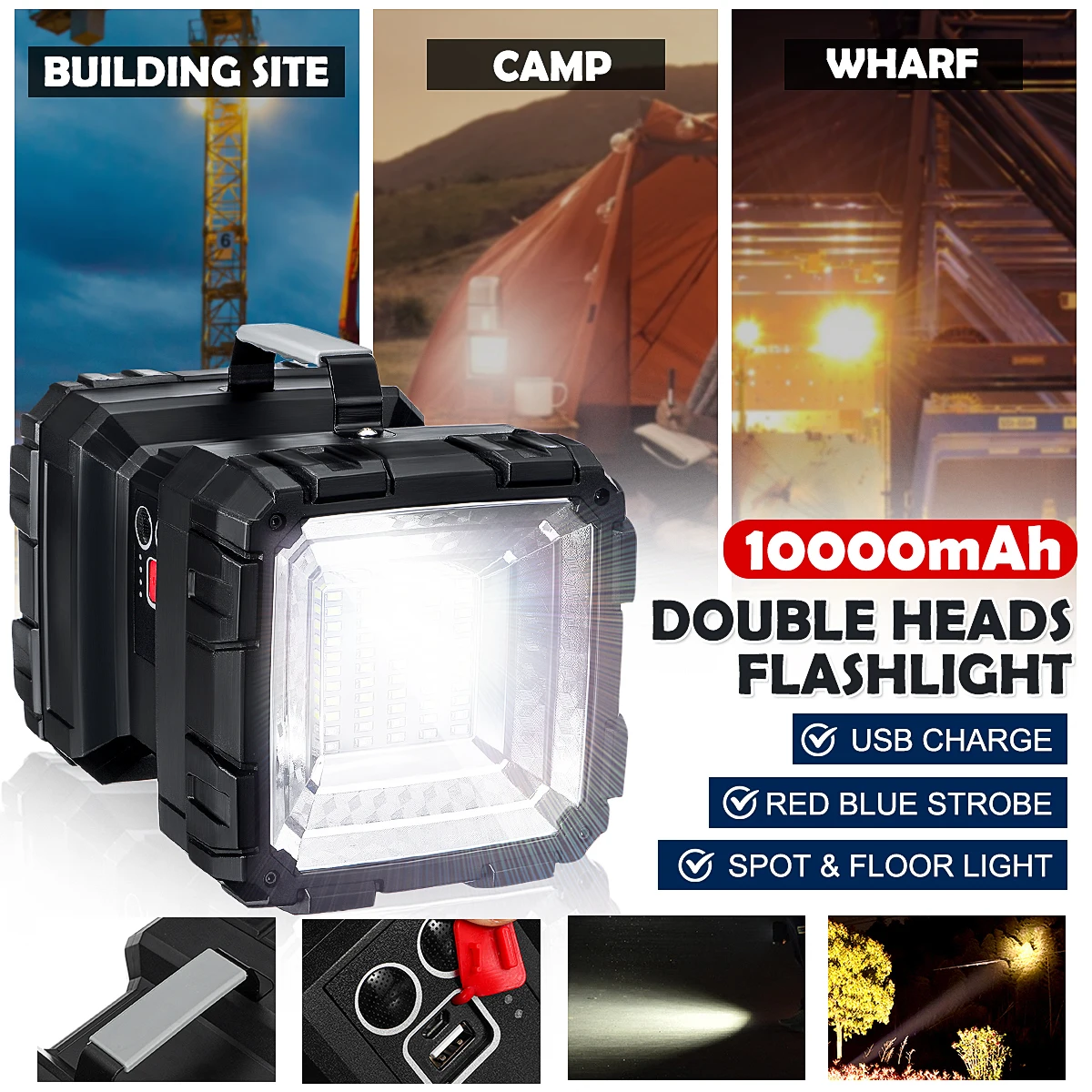  Lámpara de trabajo 20000lm Smuxi portátil L2P70 COB LED de doble cabeza reflector linterna luz de t