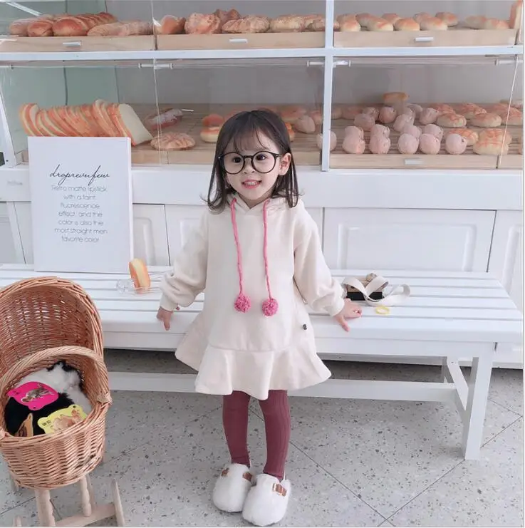 Hot Sale Girls Ruffles Dress Thicken Winter Girls Hooded Dresses 1-6 years PP405 - Цвет: Бежевый