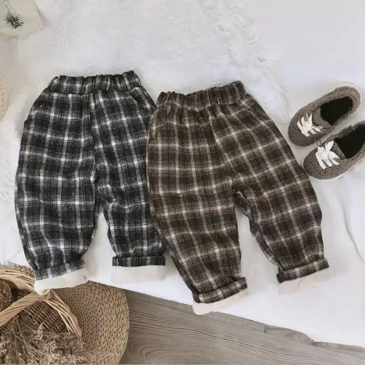 New Girls Boys Plaid Thicken Pants Winter Fashion Kids Pants 1-6T PP103