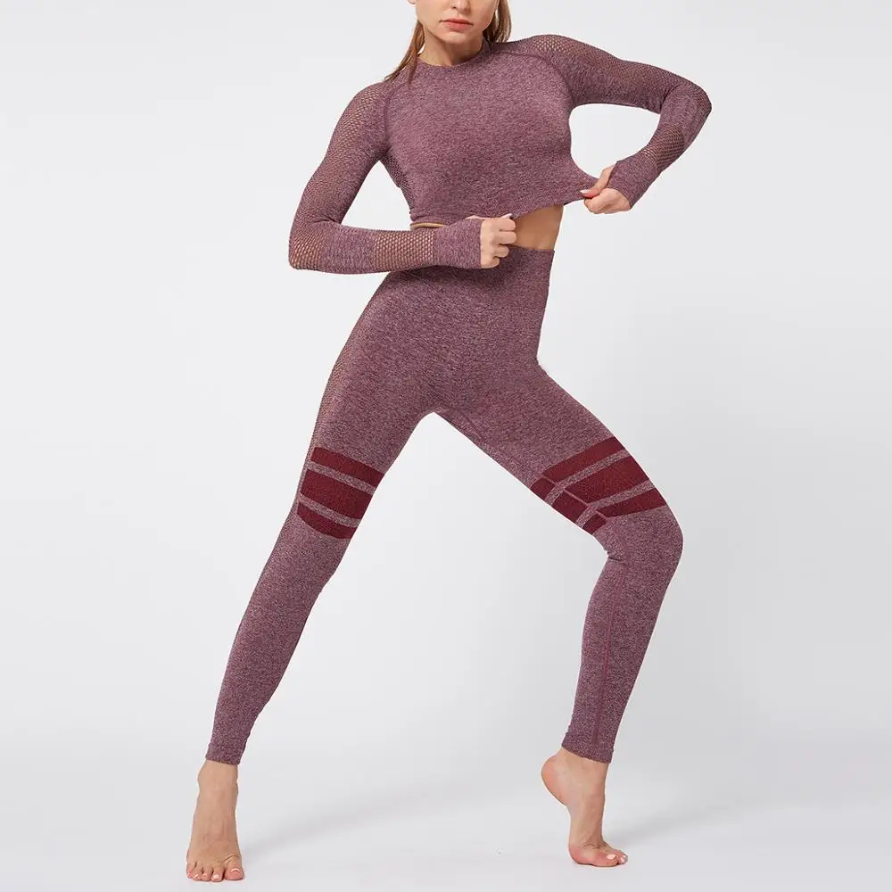 Women Energy Seamless Yoga Sets Sexy Breathable Mesh Knitted Gym Set 2 Piece Sportswear Long Sleeve Top+High Waist Yoga Leggings - Цвет: Wine Red