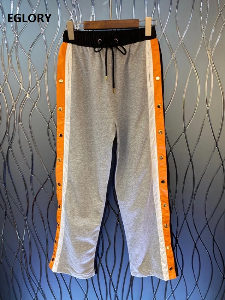 

100%Cotton Pants 2020 Autumn Winter Fashion Pants Ladies Color Block Striped Print Patchwork Studs Button Casual Basic Pants