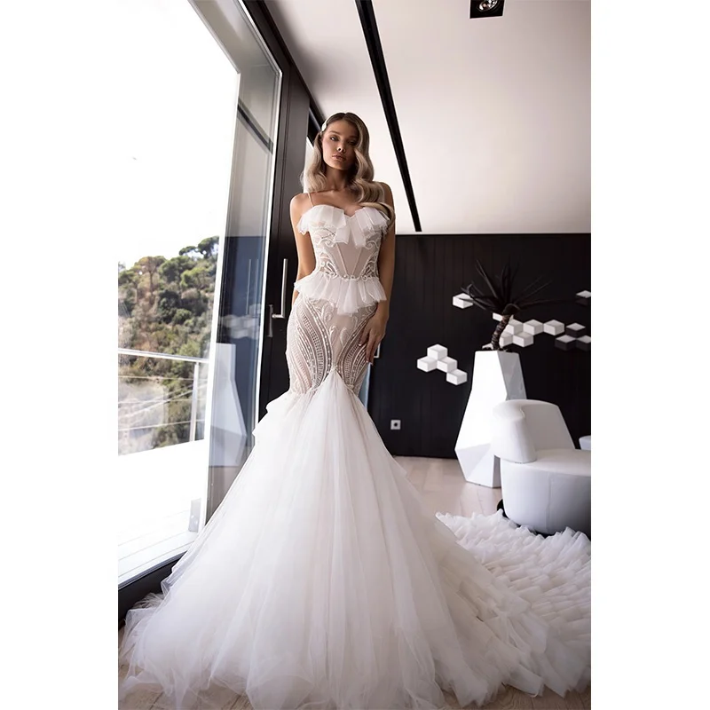2020 Sexy Carino Correas De Sirena De Espagueti Boda Ninas Ropa Falda Con Volantes Cola Larga Boda Vestidos Vestido De Novia Trajes Vestidos De Novia Aliexpress