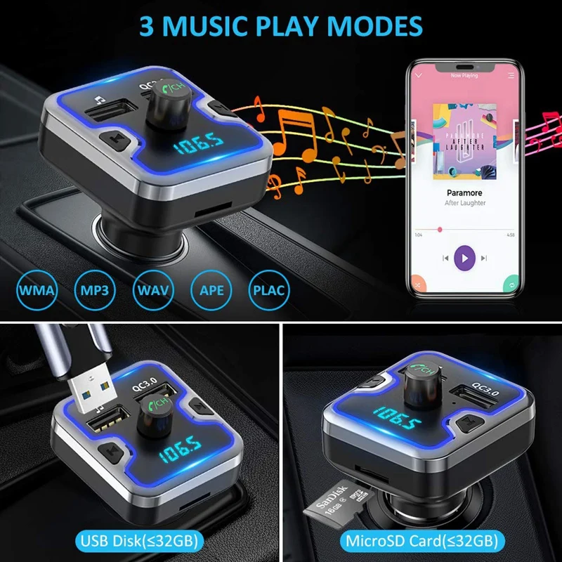 Автомобильный Bluetooth fm-передатчик 7 цветов со светодиодной подсветкой Bluetooth автомобильный адаптер с громкой связью Qc3.0 автомобильное зарядное устройство Поддержка Usb Di