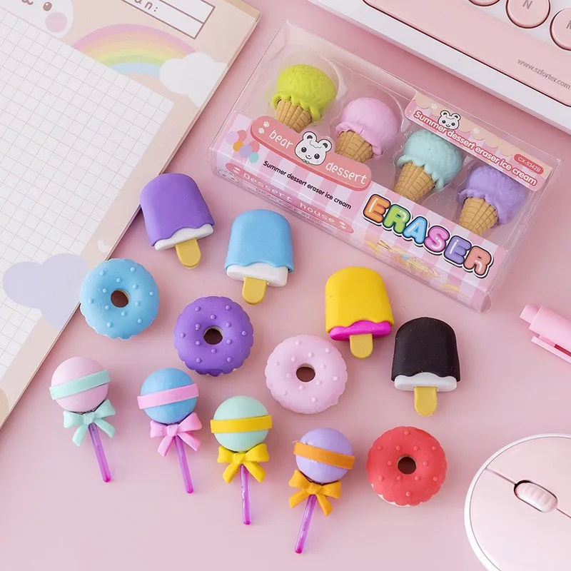 4pcs cute cartoon donut ice cream Eraser Rubber Student Pencil Cute