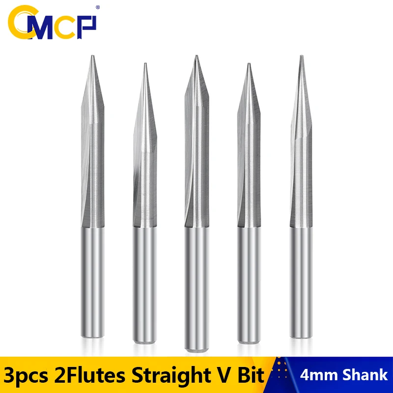 

CMCP Wood Engraving Bit 3pcs 20 25 30 Degrees 2 Flutes Straight V Bit 4mm Shank Carbide End Mill CNC Cutter Milling Tool