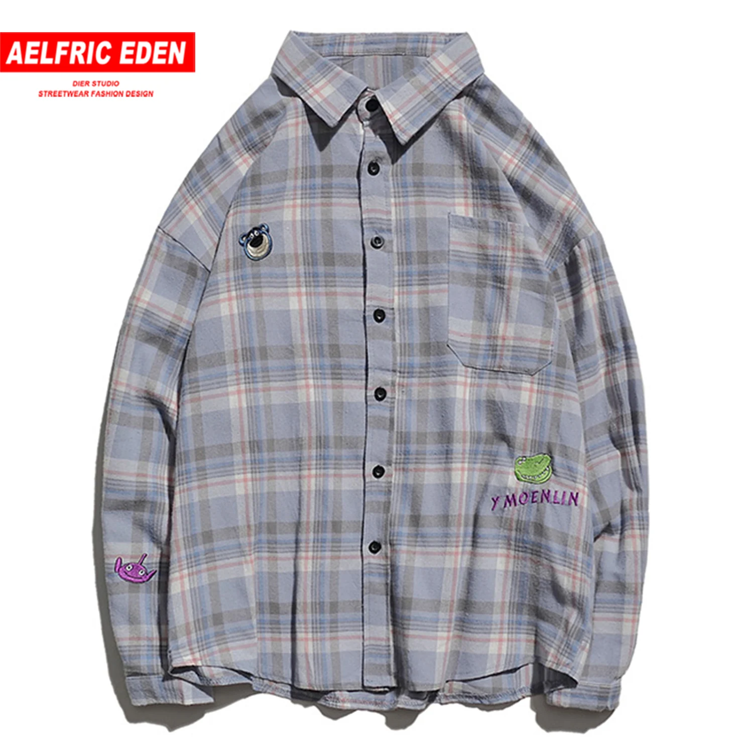 Aelfric Eden Cartoon Plaid Men Shirts Fashion Harajuku Tops Hip Hop Casual Cotton Oversized Male Long Sleeve Streetwear Outwear