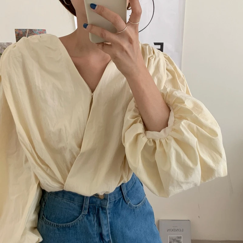 

New Hidden Button Design Short Blouses Women Fall French Retro Casual Loose Criss-cross V-neck OL Style Shirts For Female Top
