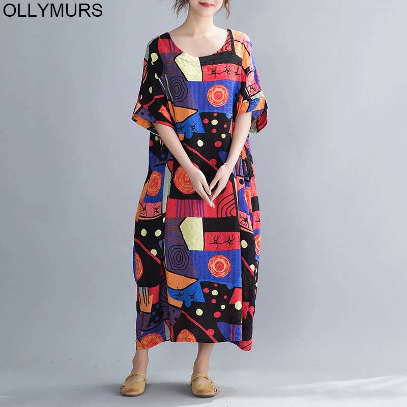 

2020 Summer Dress Patchwork Literary Dress Sleeve Cotton Linen Loose Female Character Print Short Long Summer Dresses Female