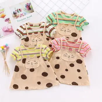 

Summer New Baby Girl's Big Dot Striped Stitching Fake Two-piece Skirt 1234-year-old Princess Dress Above Knee, Mini Cotton Short