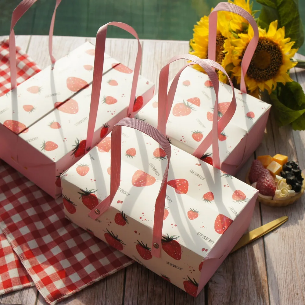 

2 size choose 5pcs Strawberry design Paper Box with handle for roll cake candy Cookie chocolate gift Packaging Wedding Use