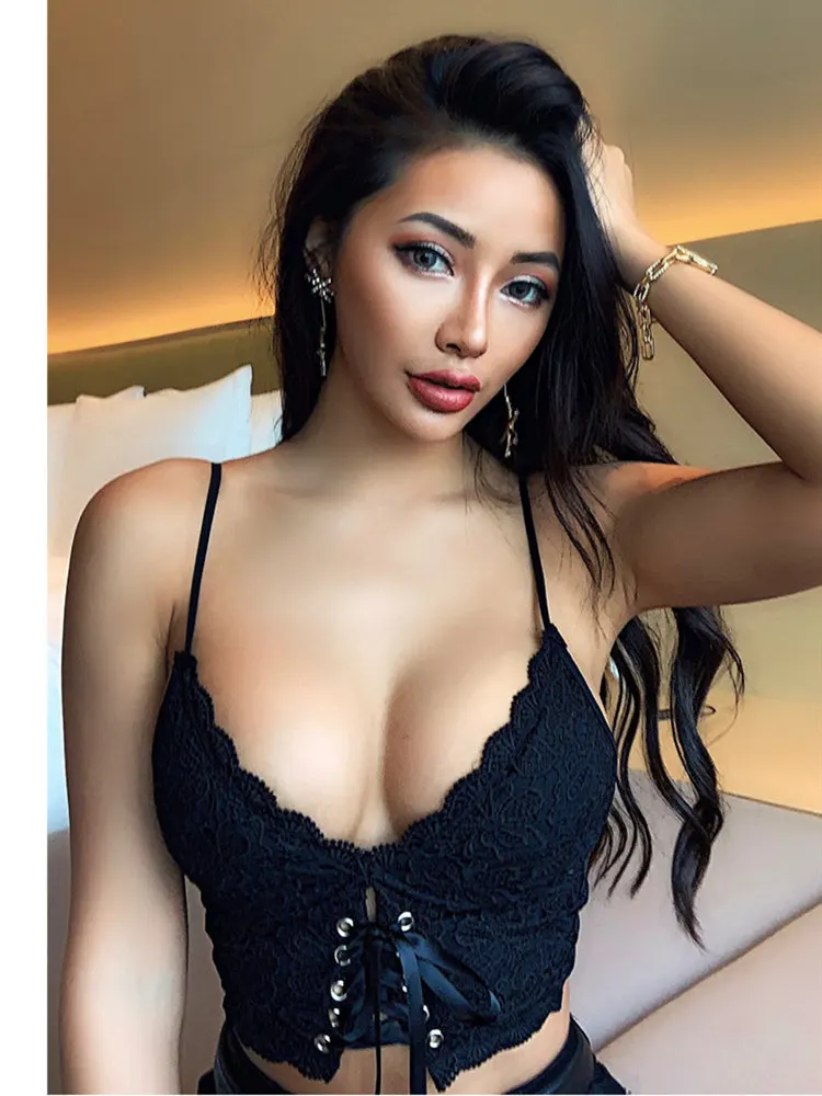 XIBANI Sexy Lace Strap Backless Short Women Crop Top Nightclub Solid Black Lace Up Summer Beach Boho Women Camis Top Tank Top