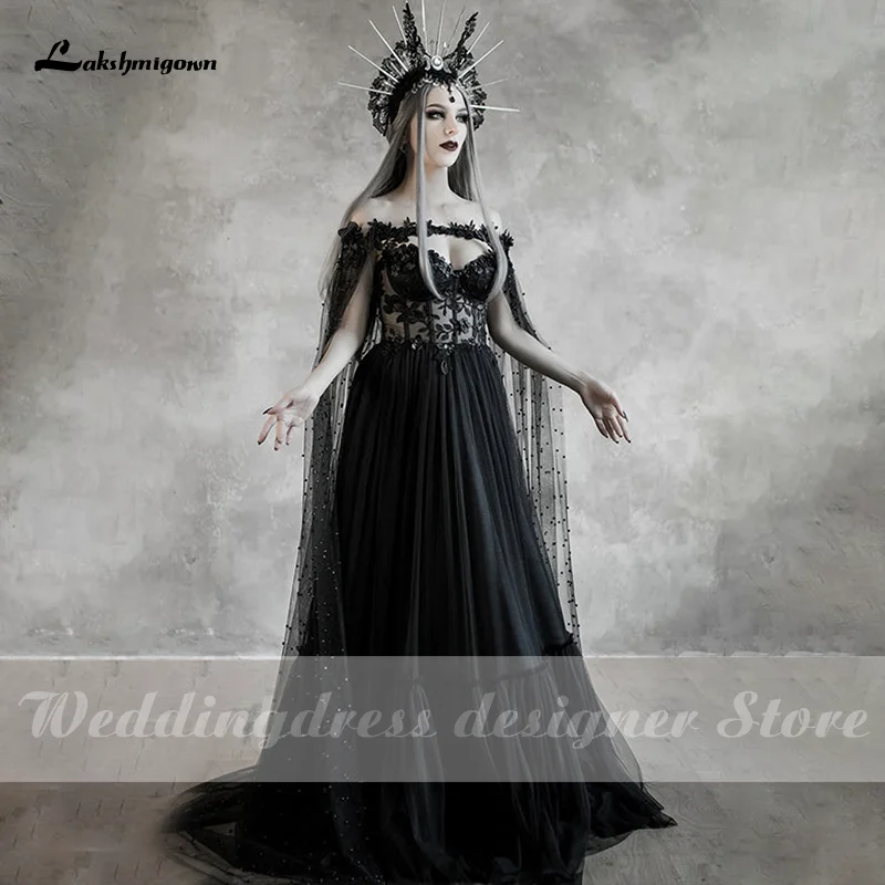 modest wedding dresses Lakshmigow Dark Fairytale Gothic Black Wedding Dresses with Cupped Corset Bodice Fantasy Bridal Gown Halloween Wedding Cloak grace kelly wedding dress