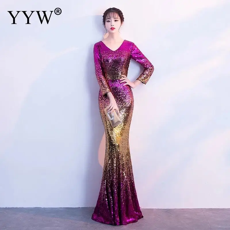 

Luxury Sequins Women Evening Dress V Neck Gradient Sequin Sexy Robe De Soiree Elegant Mermaid Party Dress Special Occasion Wear