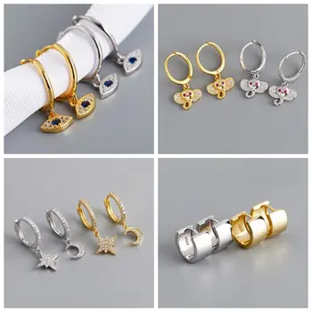 

luxury Hoop Earrings Women Gold 925 sterling Silver CZ Drop Elephant,star,moon Evil Eye Hoops Wide face simple hoop earrings A30