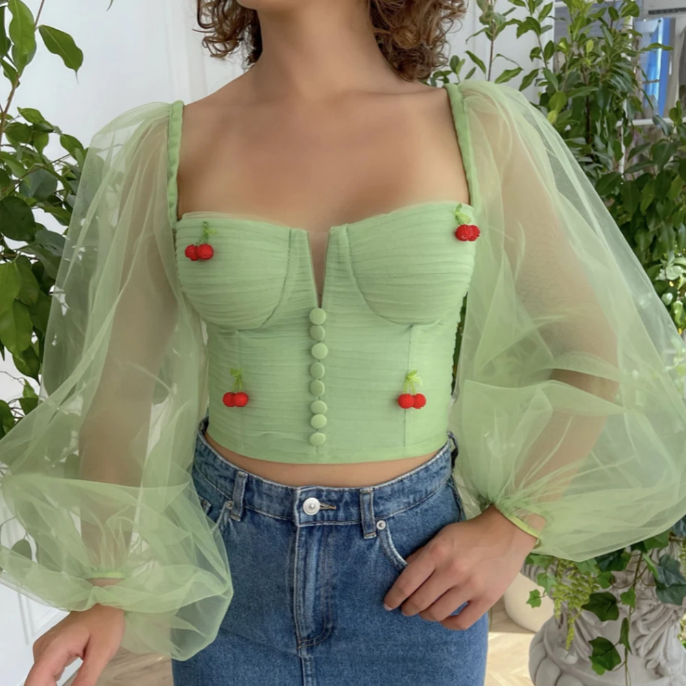 

Green Puff Sleeves Evening Dresses 2021 Simple Cherry Applique Sweetheart Prom Gowns Tulle Lace Up Party Dress robes de soirée