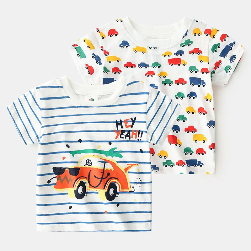 

2021Summer Casual New 2 3-8 9 10 Years Baby Children'S Clothing Cotton Little Kids Boys Short Sleeve Cartoon Car Striped T-Shirt