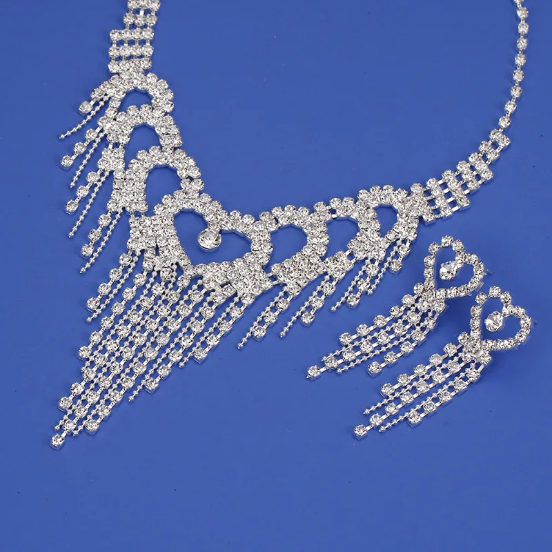 TREAZY Luxury Rhinestone Crystal Bridal Jewelry Sets for Women Heart Tassel Necklace Earrings Bracelet Set Wedding Jewelry Gifts