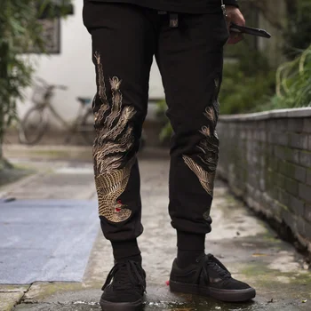 

AreMoMuWha New Chinese Style Autumn and Winter Men's Phoenix Embroidered Cotton Thickened Large Size Sports Sweat Pants QX1429